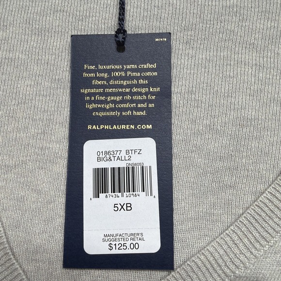 Polo Ralph Lauren Pima Cotton V Neck Sweater Taupe Big & Tall 5XB - Picture 4 of 7
